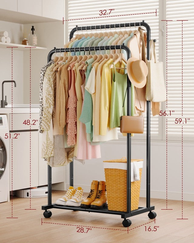 Double-Rod Clothes Rack with Hooks & Mesh Shelf Portable Hanger Black3