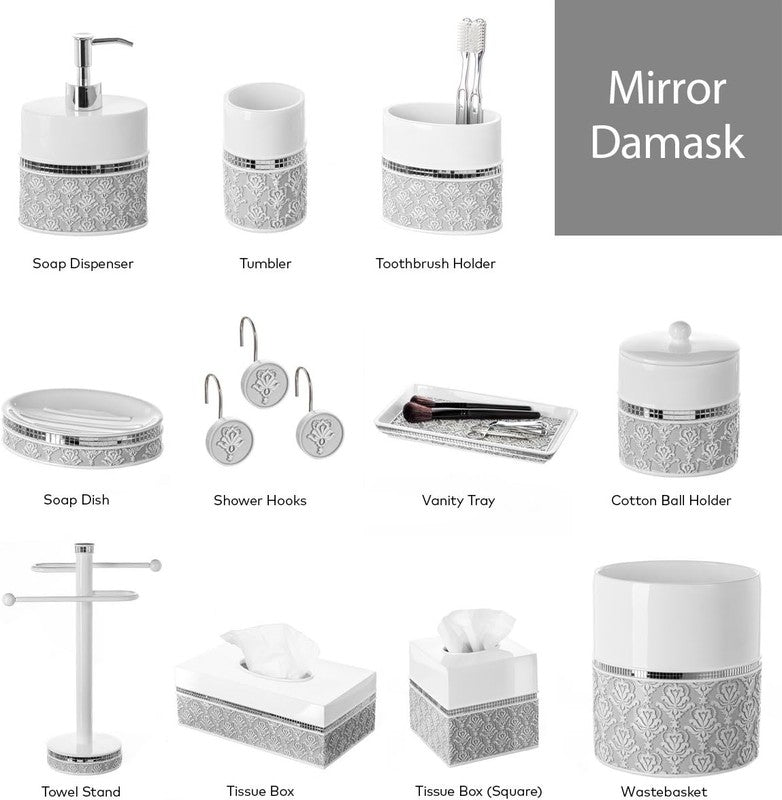 Elegant Mirror Damask 4-Piece Bathroom Accessory Set in White and Gray6