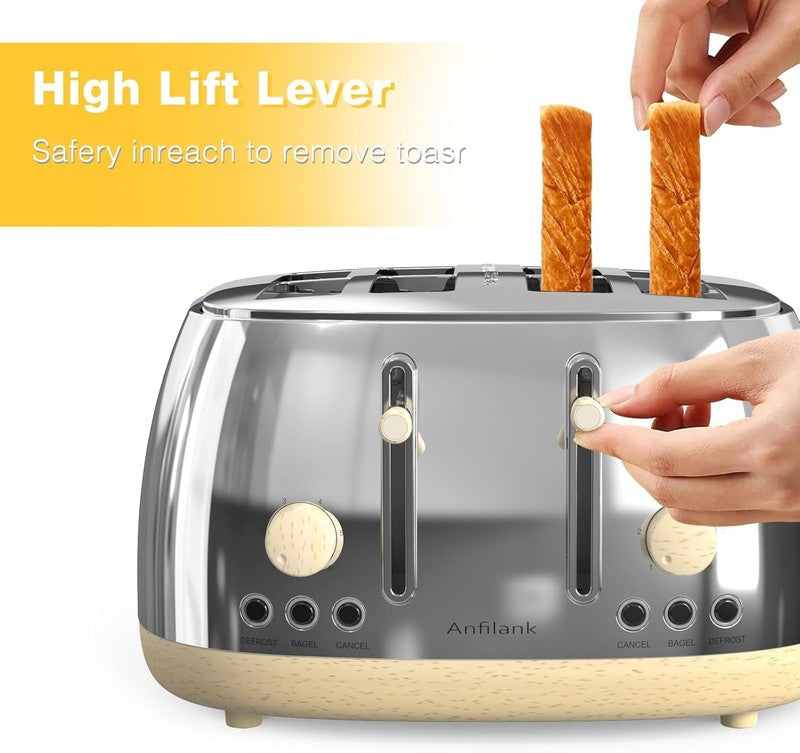 Retro 4 Slice Toaster Stainless Steel Extra Wide Slots Dual Control Bagel Silver7
