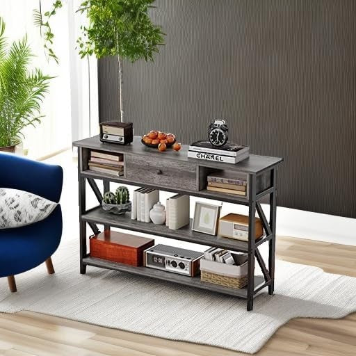 47'' Console Sofa Table Grey Oak Industrial Entryway Table with Drawer Storage4