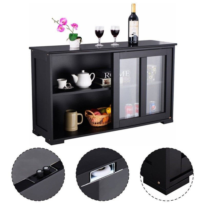 Black Kitchen Sideboard Buffet Storage Cabinet with Glass Sliding Doors8