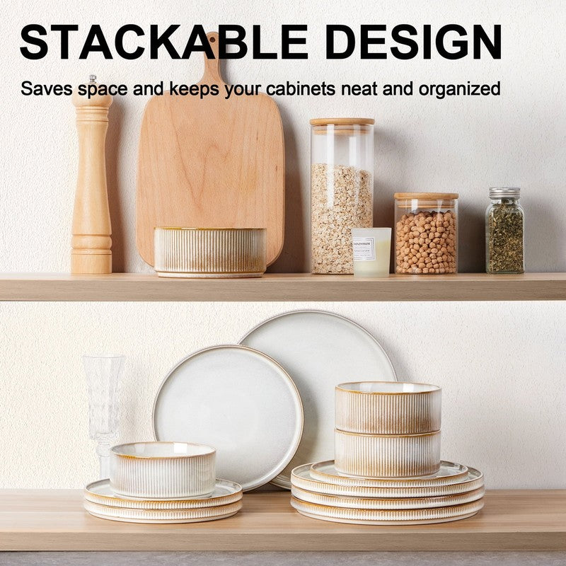 Dinnerware Set for 4, 12 Piece Premium Stoneware Ribbed Dishes with Reactive Gla5
