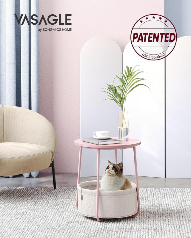 Small Round Side Table Nightstand with Fabric Basket Jelly Pink Cream White2