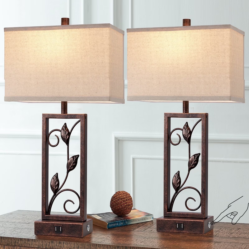 24" Farmhouse Touch Control Table Lamps Set of 2, Rustic Leaf Lamp for Bedroom L9