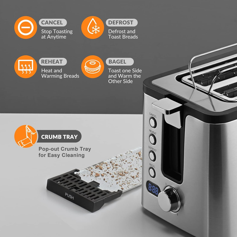 2 Slice Stainless Steel Toaster - Timer, Bagel, Defrost, Warming Rack, 6 Shade1