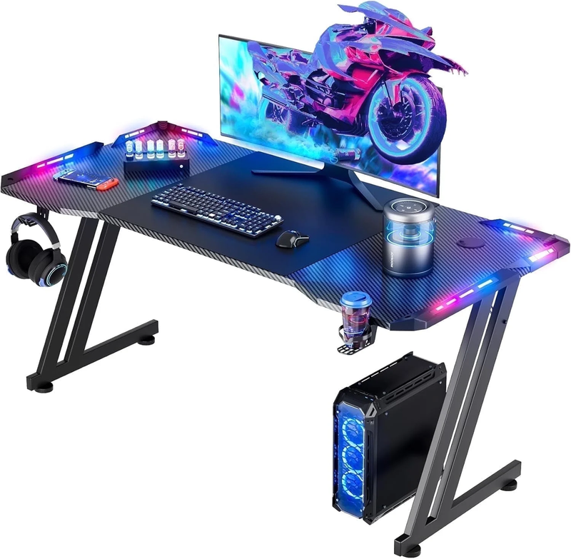 47" Gaming Desk w/ LED Lights, Cup Holder & Headphone Hook Black10