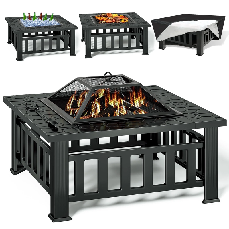 32" Wood Burning Fire Pit Table Square Metal w/ Mesh Lid, Poker, Cover, Black0