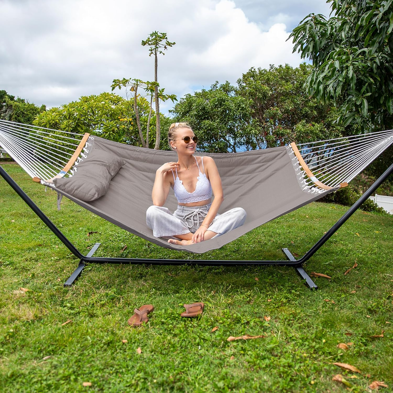 Portable Hammock with Frame Double Curved Spreader Bar Outdoor Brown1