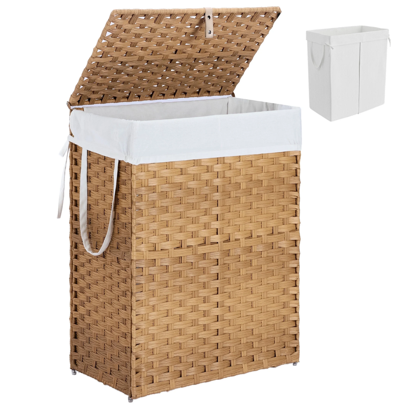 90L Handwoven PP Rattan Laundry Basket w/ Lid, Handle, Foldable, Removable Liner8