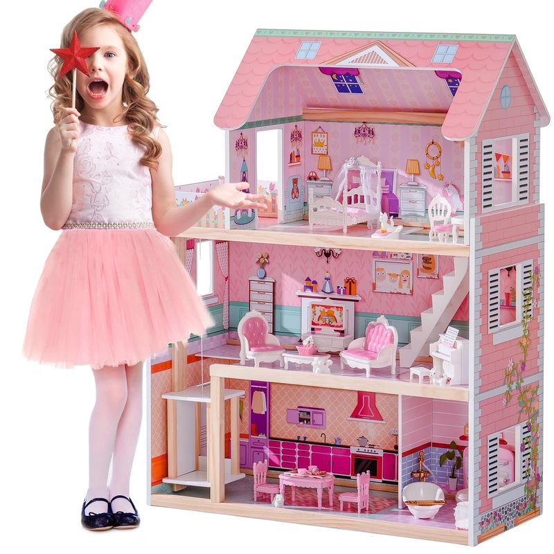 Wooden Dollhouse with 20Pcs Furniture 3 Storey Preschool Toy Dollhouse for Kids 9