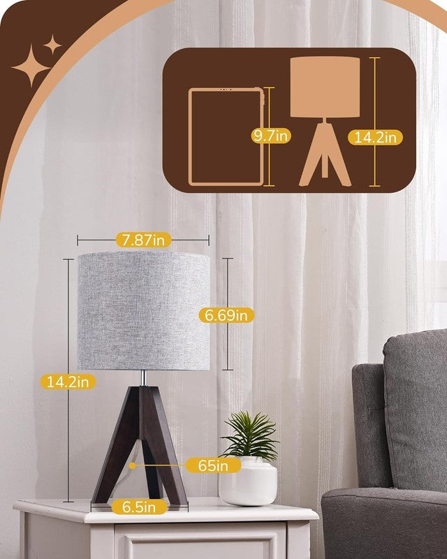 Boho Small Table Lamp Wooden Tripod Bedside Lamp Grey Linen Shade E26 14.2in4