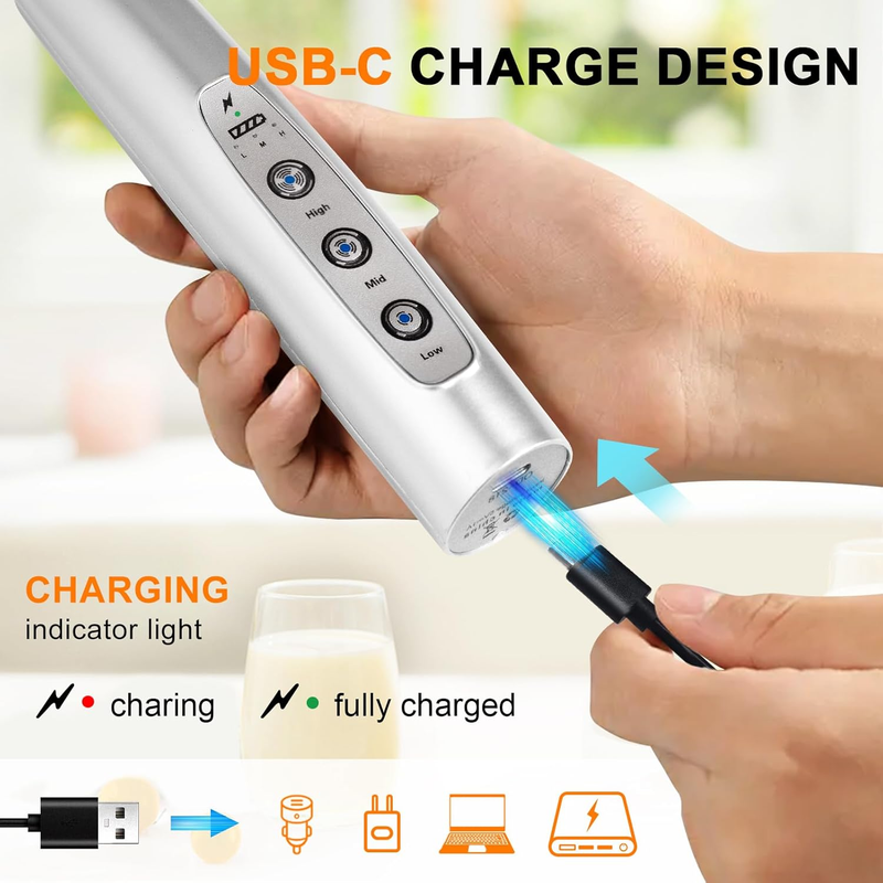 Milk Frother Handheld Rechargeable 3 Speed 3 Heads Silver Coffee Whisk1