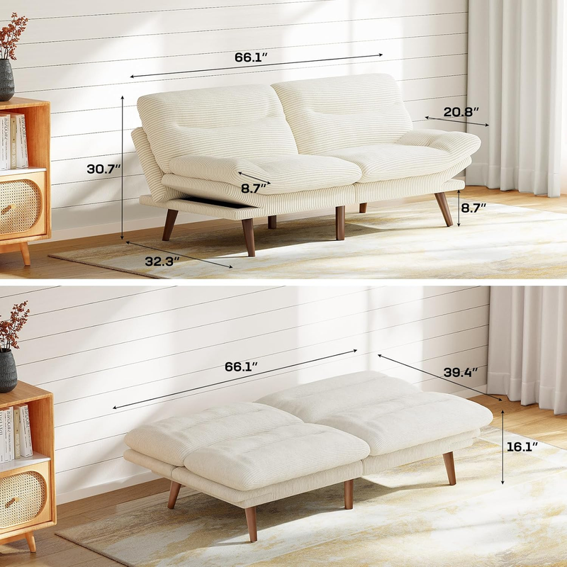 66in Futon Sofa Bed Convertible Corduroy Sleeper Loveseat Adjustable Cream White1