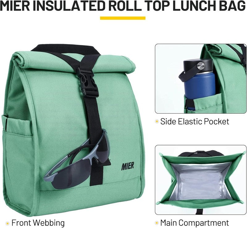 Insulated Roll Top Lunch Bag for Women Men Foldable Tote w/ Shoulder Strap Green1
