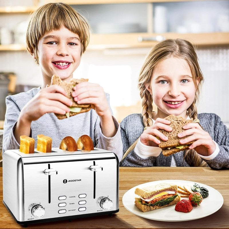 4 Slice Stainless Steel Toaster - Wide Slots, Bagel, 6 Shades, 1550W, Prime7