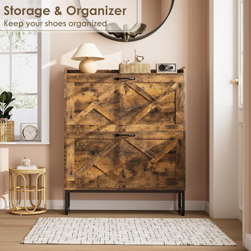 Shoe Cabinet 2 Flip Drawers Freestanding Slim Farmhouse Entryway Rustic Brown3