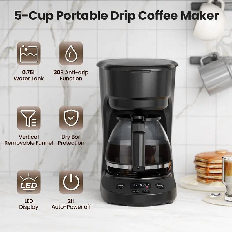 Programmable 5 Cup Drip Coffee Maker 0.75L Glass Carafe Keep Warm 2H Timer4