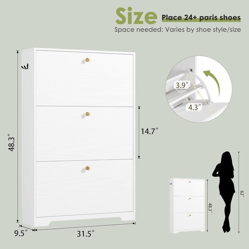 47'' Shoe Cabinet 3 Flip Drawers Narrow Organizer Freestanding Entryway White1
