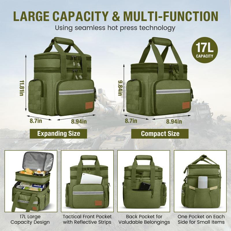 24L Insulated Lunch Bag Double Deck Cooler Tote Leakproof Work Beach Green5