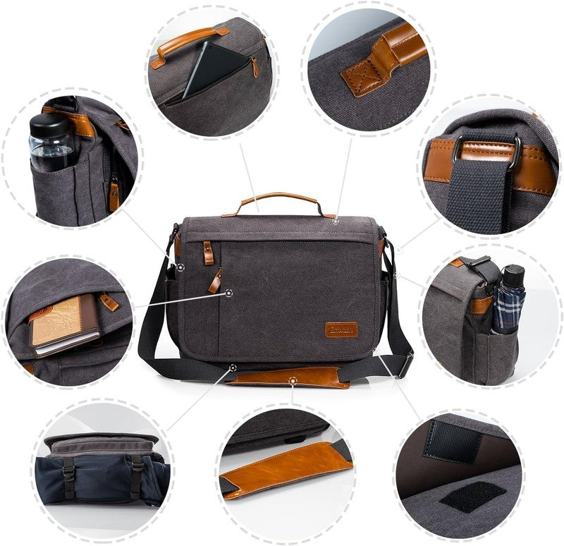 Laptop Messenger Bag 13-14" Water-Resistant Canvas Shoulder Bag Grey4