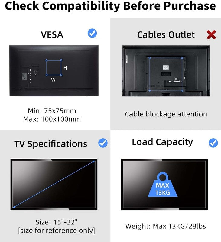 Full Motion TV Wall Mount for 15–32" LED LCD, Swivel Tilt, VESA 75/1007