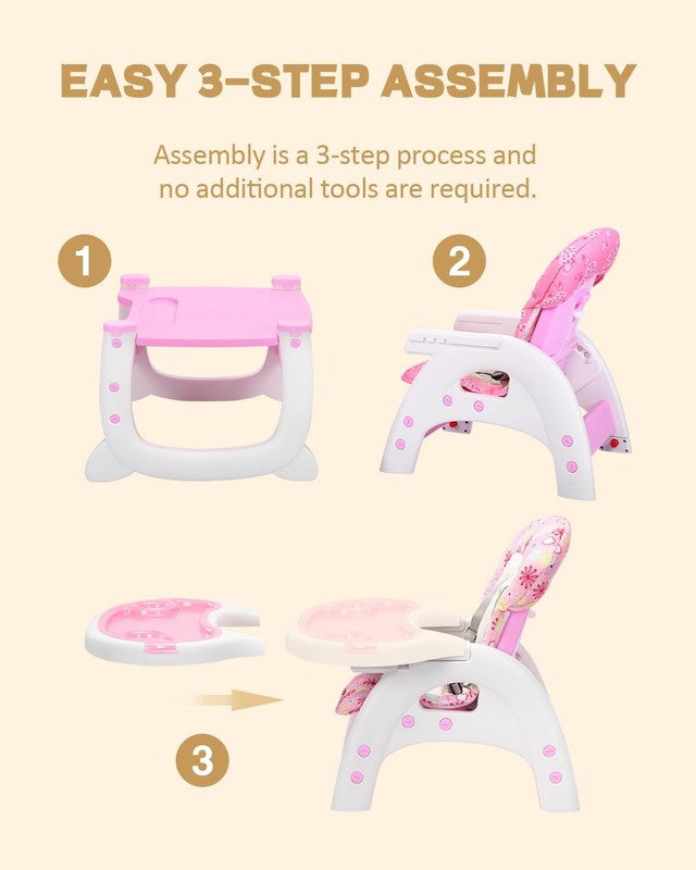 3 in 1 Convertible Baby High Chair Adjustable Toddler Chair Easy Clean Pink2