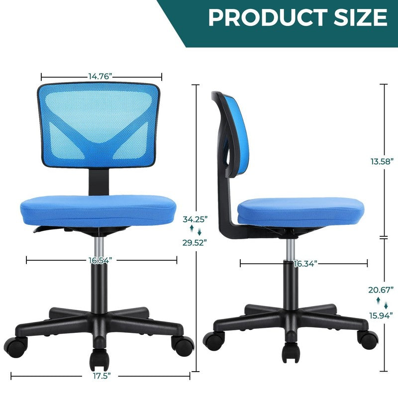 Home Office Desk Chair Armless Mesh Swivel Adjustable Low Back Blue2