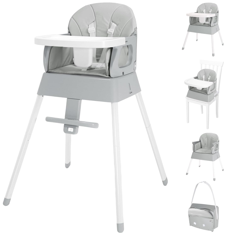 5 in 1 Foldable Baby High Chair Toddler Booster Seat w/ Tray & Harness Grey0