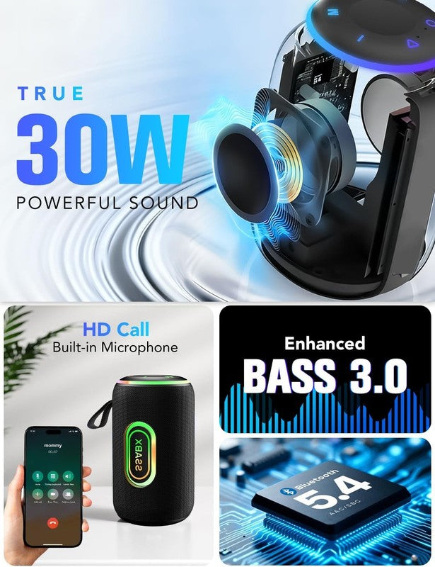 30W Bluetooth 5.4 Speaker, Dual, Deep Bass, 30H Playtime, RGB Lights, IPX7, TWS1