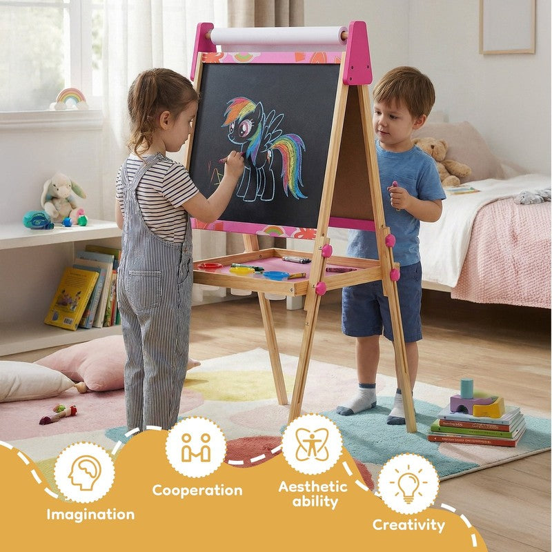 Kids Easel, Double-Sided Magnet Whiteboard & Chalkboard with Paper Roll, Storage8