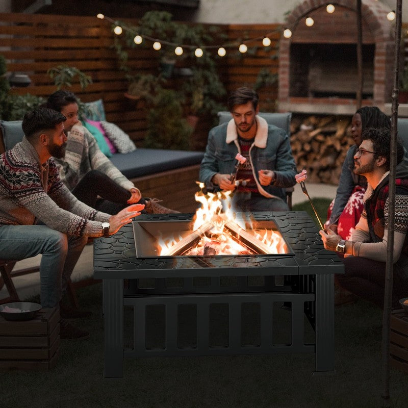 32" Wood Burning Fire Pit Table Square Metal w/ Mesh Lid, Poker, Cover, Black4