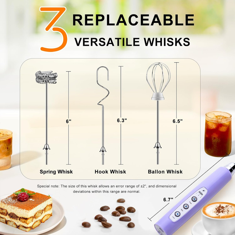 Milk Frother Handheld Rechargeable 3 Speed 3 Heads Coffee Whisk Purple3