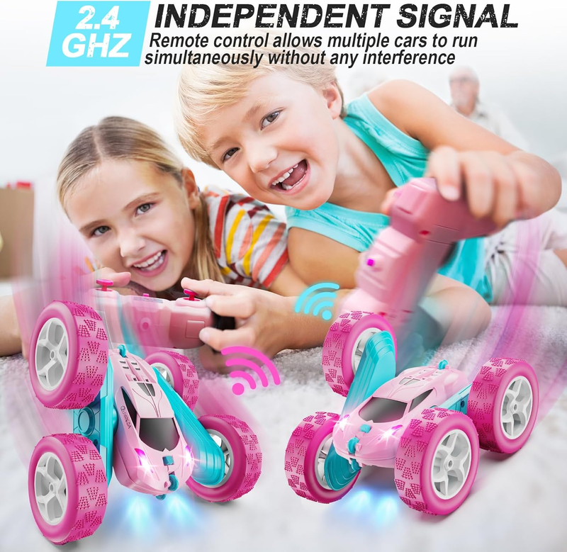 Pink RC Car for Girls 2.4GHz Double Sided 360° Stunt Car w/ Headlights2