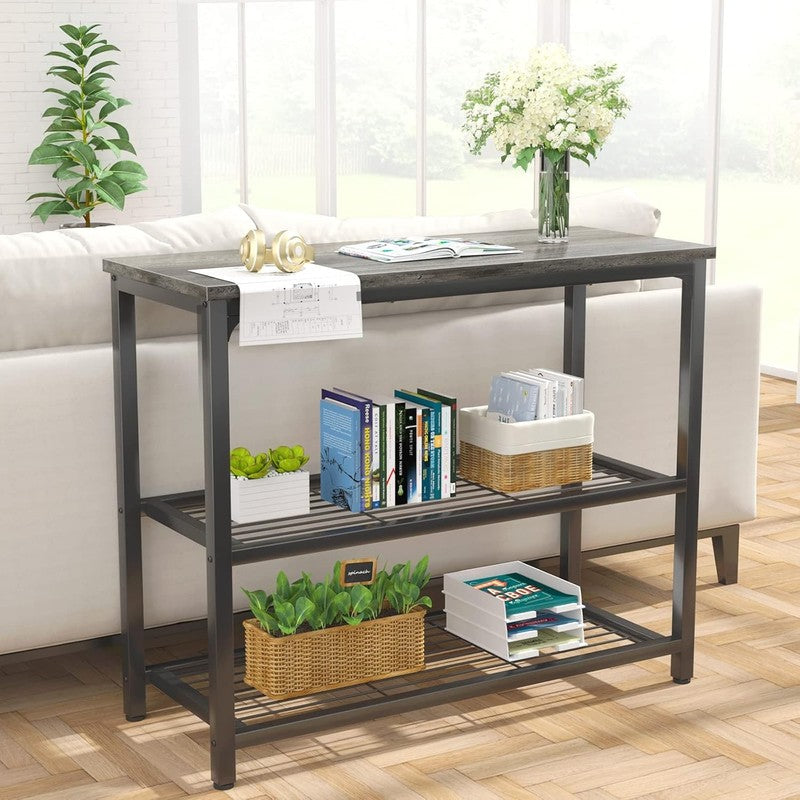 32" Modern Console Table Sofa Table Double Mesh Shelves Grey4