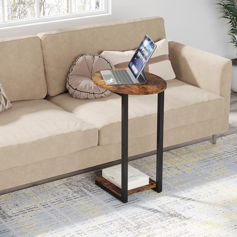Rustic Brown C Shaped Side End Table Wood Sofa Table Metal Frame7
