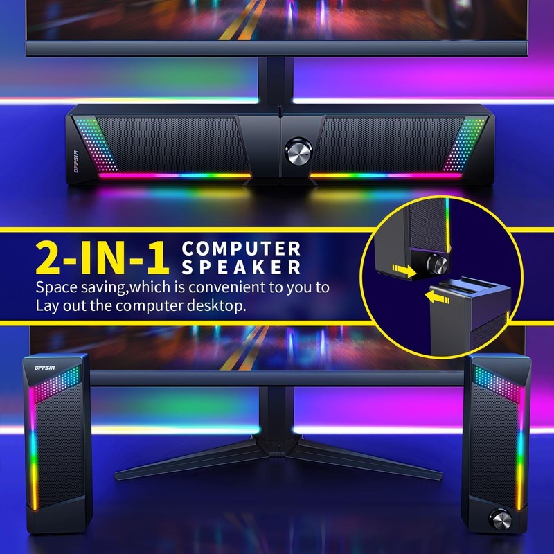 2in1 RGB Computer Speakers USB Powered 3.5mm Aux PC Gaming Desktop Black1