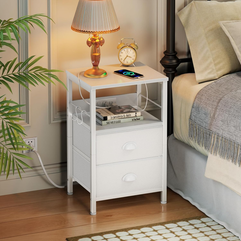 End Table with Charging Station, Nightstand with Fabric Drawers, Side Tables wit1