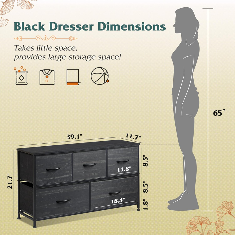 5 Drawer Fabric Dresser Chest Storage Organizer Wood Grain Charcoal Black2