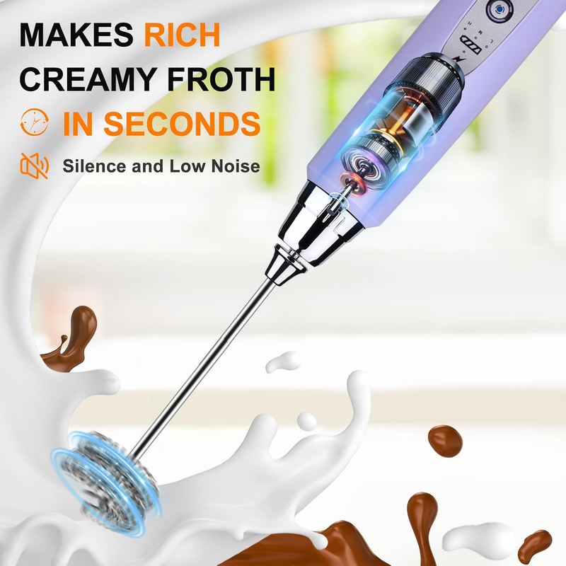 Milk Frother Handheld Rechargeable 3 Speed 3 Heads Coffee Whisk Purple5