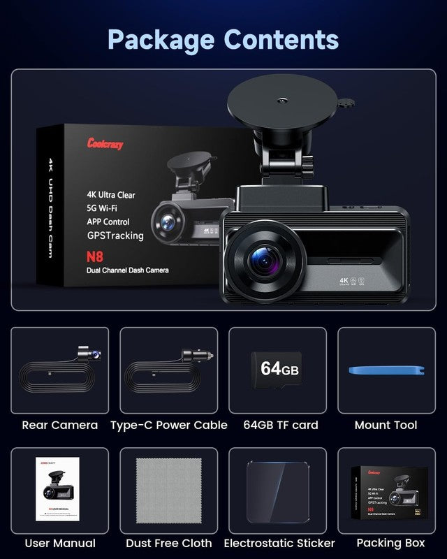 4K+1080P Front/Rear Dash Cam 64GB Card WiFi GPS Night Vision 3" IPS Screen9