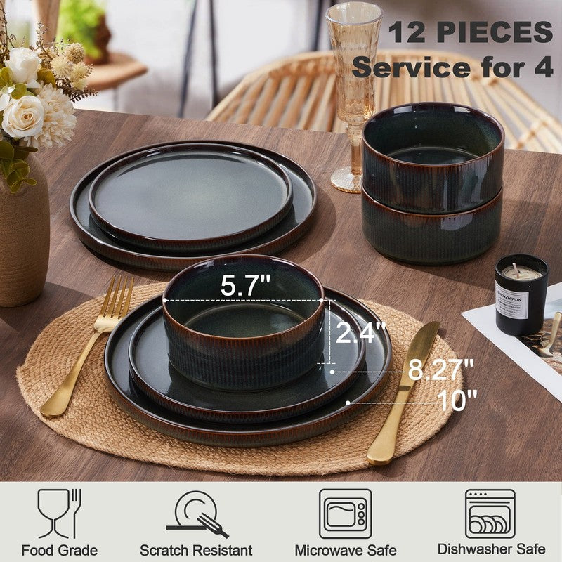 Dinnerware Set for 4, 12 Piece Stoneware Ribbed Dishes with Reactive Glaze, Cera5