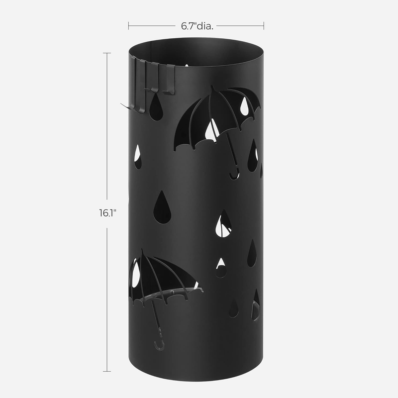 Metal Umbrella Stand Round w/ Water Tray 4 Hooks 16.1" Ink Black ULUC024B014