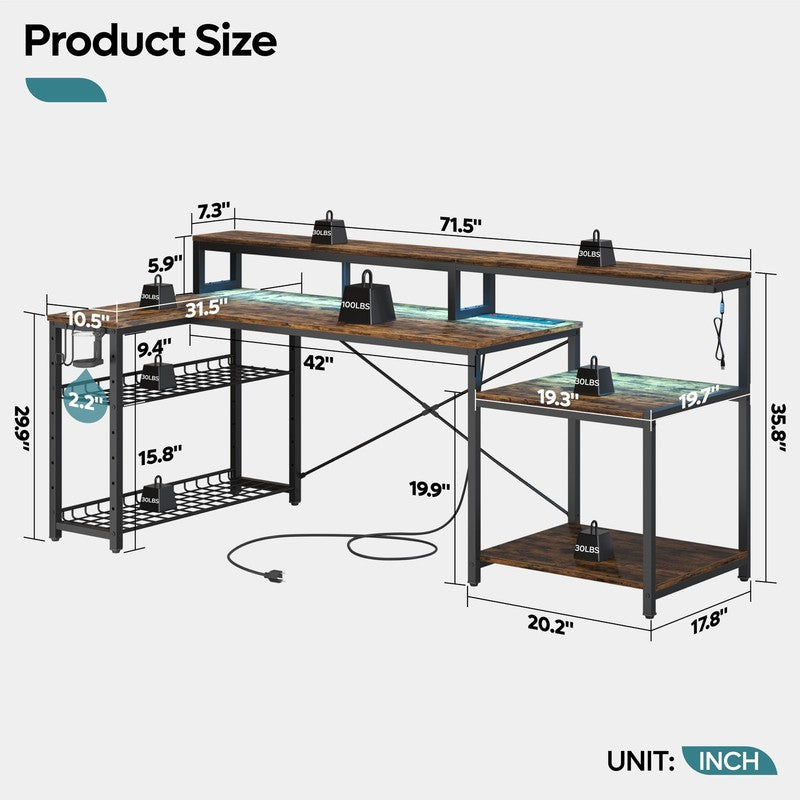 71" L-Shaped Gaming Desk LED with Power Outlets, Monitor Stand Rustic5