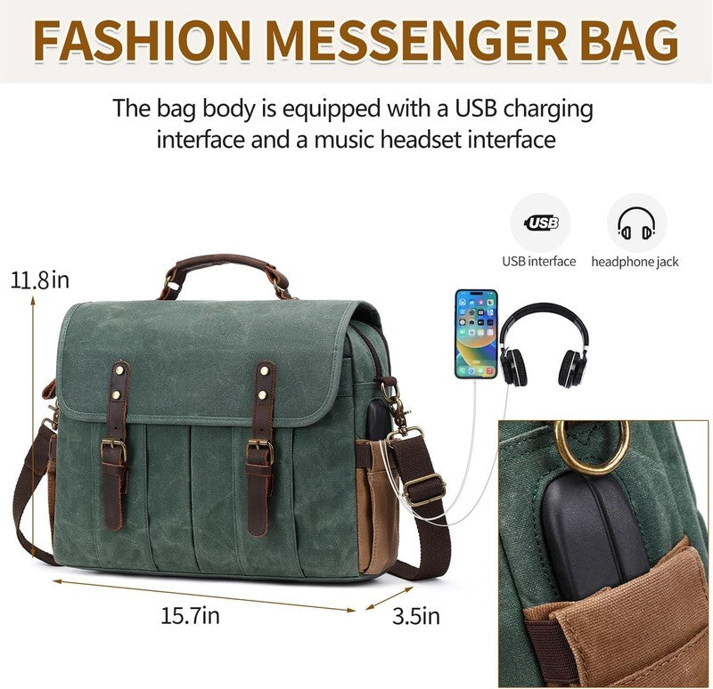 Men's 15.6" Vintage Canvas Leather Laptop Messenger Bag Satchel Shoulder Green4