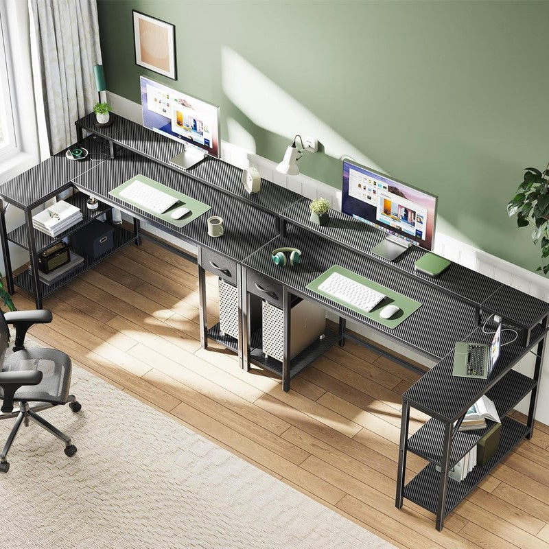 53'' Reversible L Shaped Gaming Desk LED Lights Power Outlets Carbon Black5