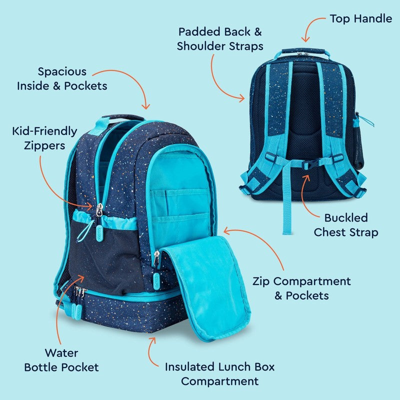 Kids 2 in 1 Backpack Insulated Lunch Bag Confetti Edition Abyss Blue School Trav2