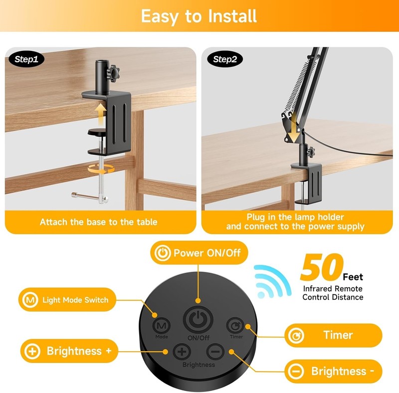 Ultra Bright 2400LM LED Desk Lamp with Clamp & Remote - Eye Caring 24W Black2