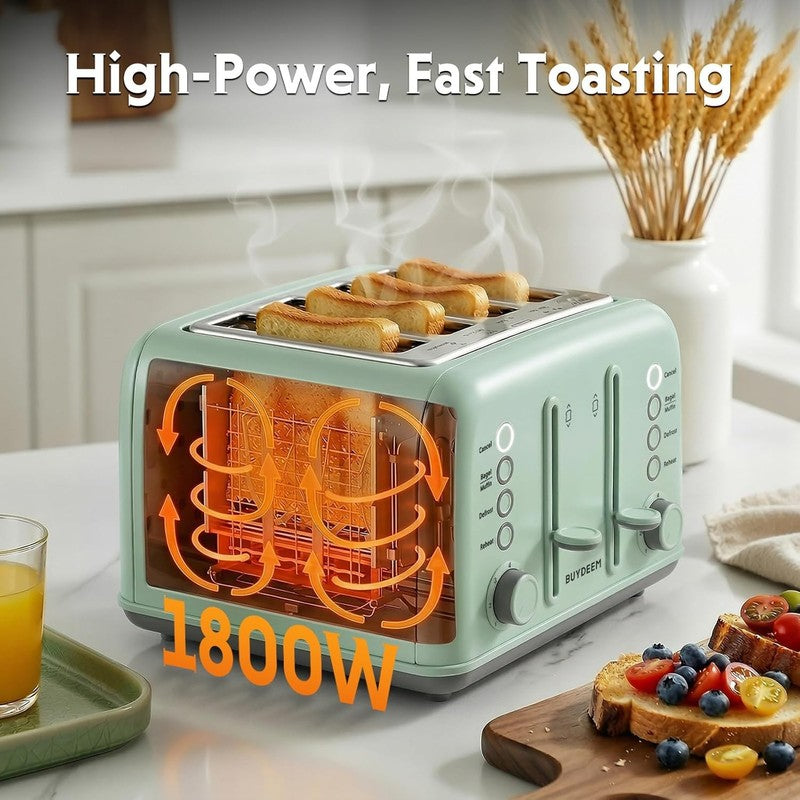 Retro 4 Slice Toaster 1800W Extra Wide Slots 7 Shade Bagel Stainless Green6