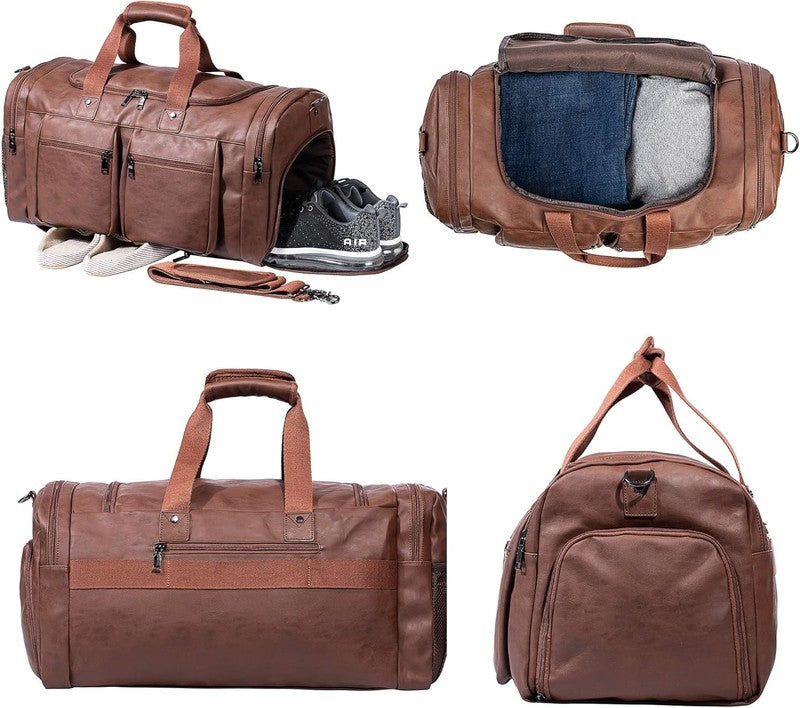 Leather Travel Duffle Bag Brown Carry On Weekender w/ Shoe Pouch Waterproof1