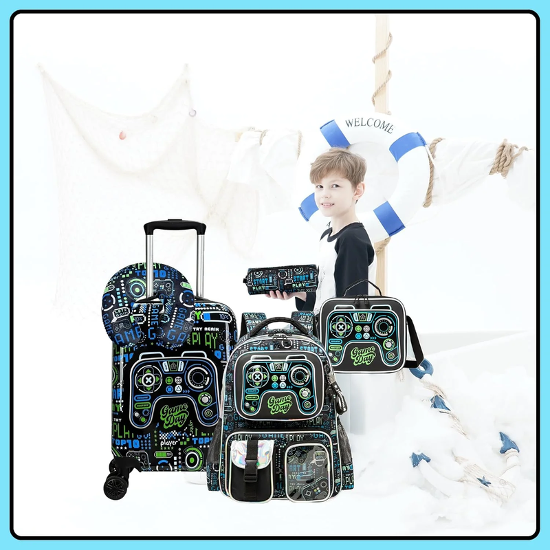 Kids Carry On Luggage Set Wheels Suitcase Backpack Pillow Boys Black Travel5